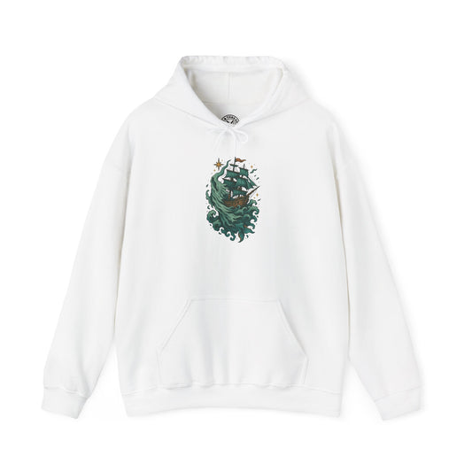 White hoodie with a green graphic design on a white background