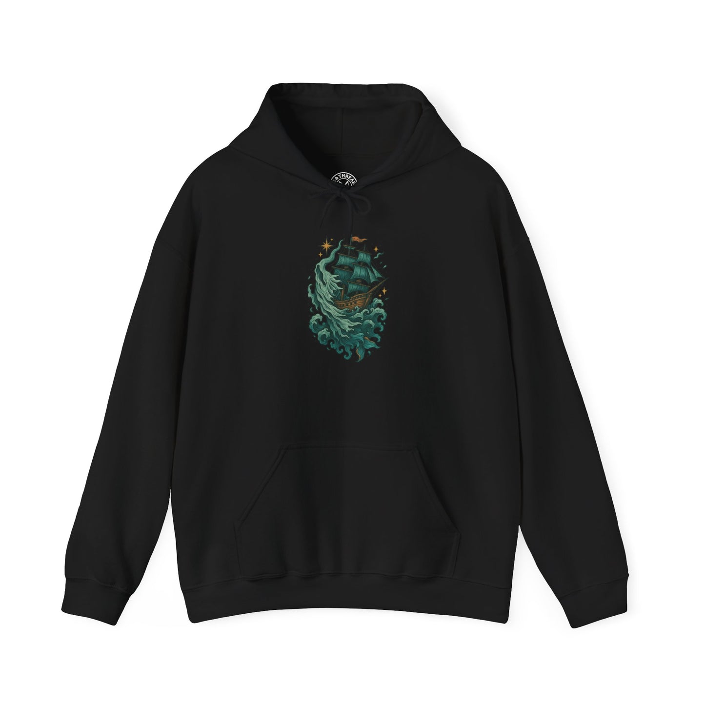 Black hoodie with a blue and green graphic design on a white background