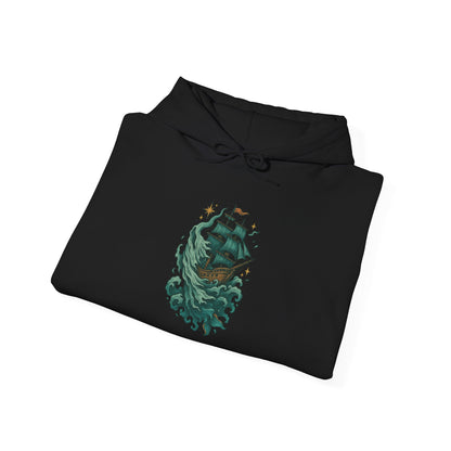 Black hoodie with a ship design on a white background