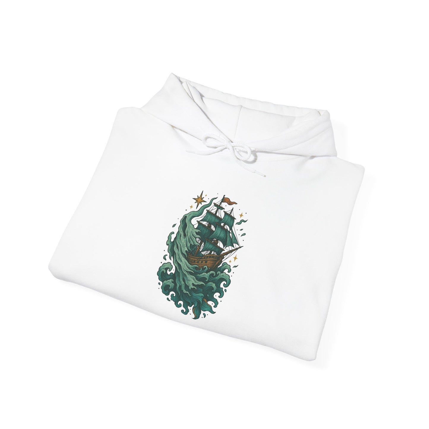 White shirt with a green graphic design of a ship on a white background