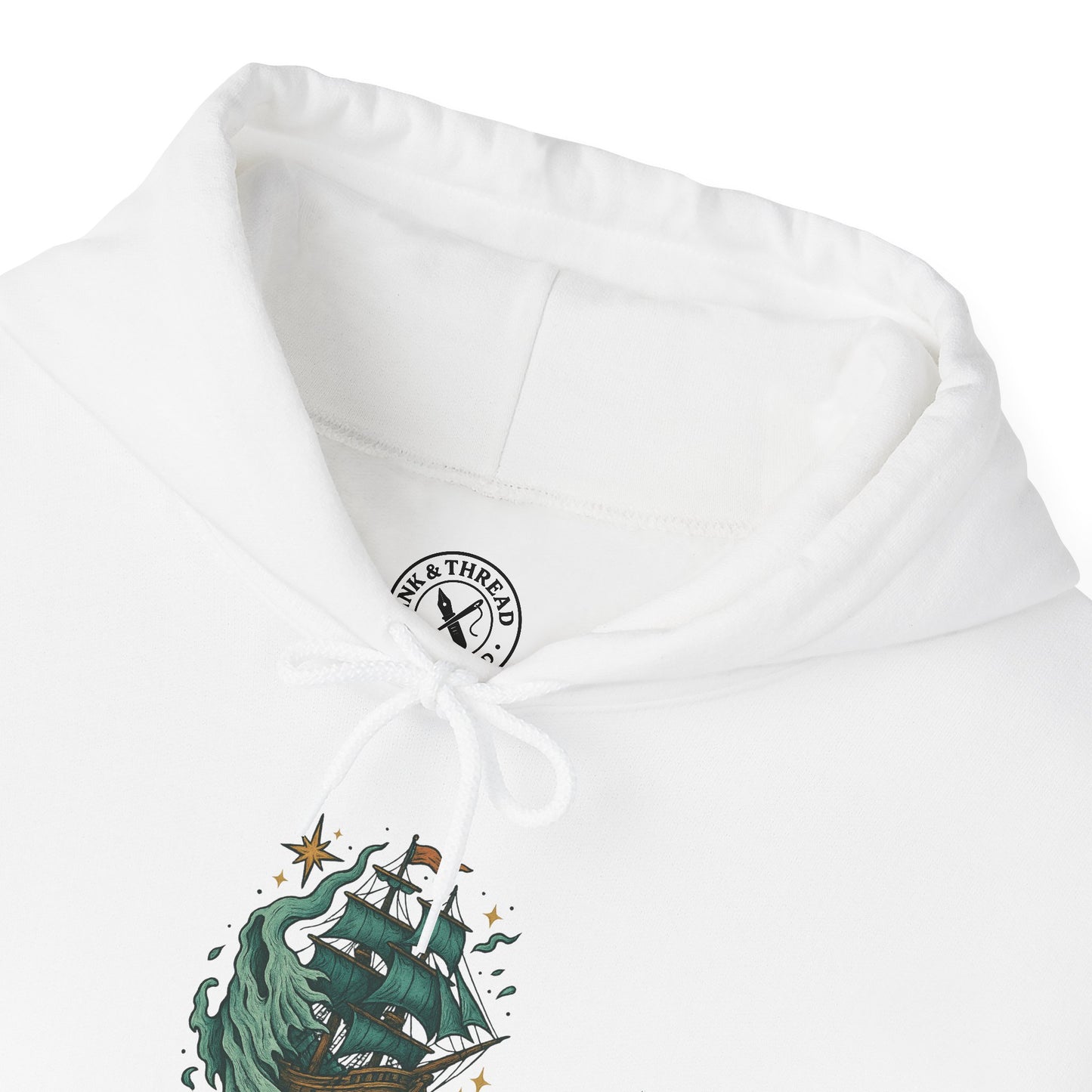 White hoodie with a ship design and brand logo on a white background