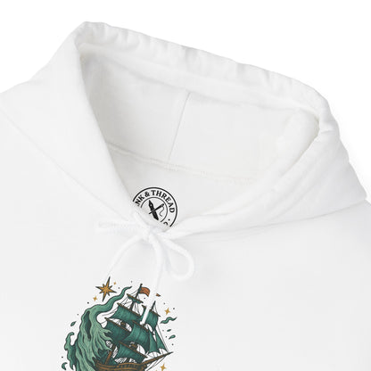White hoodie with a ship design and brand logo on a white background