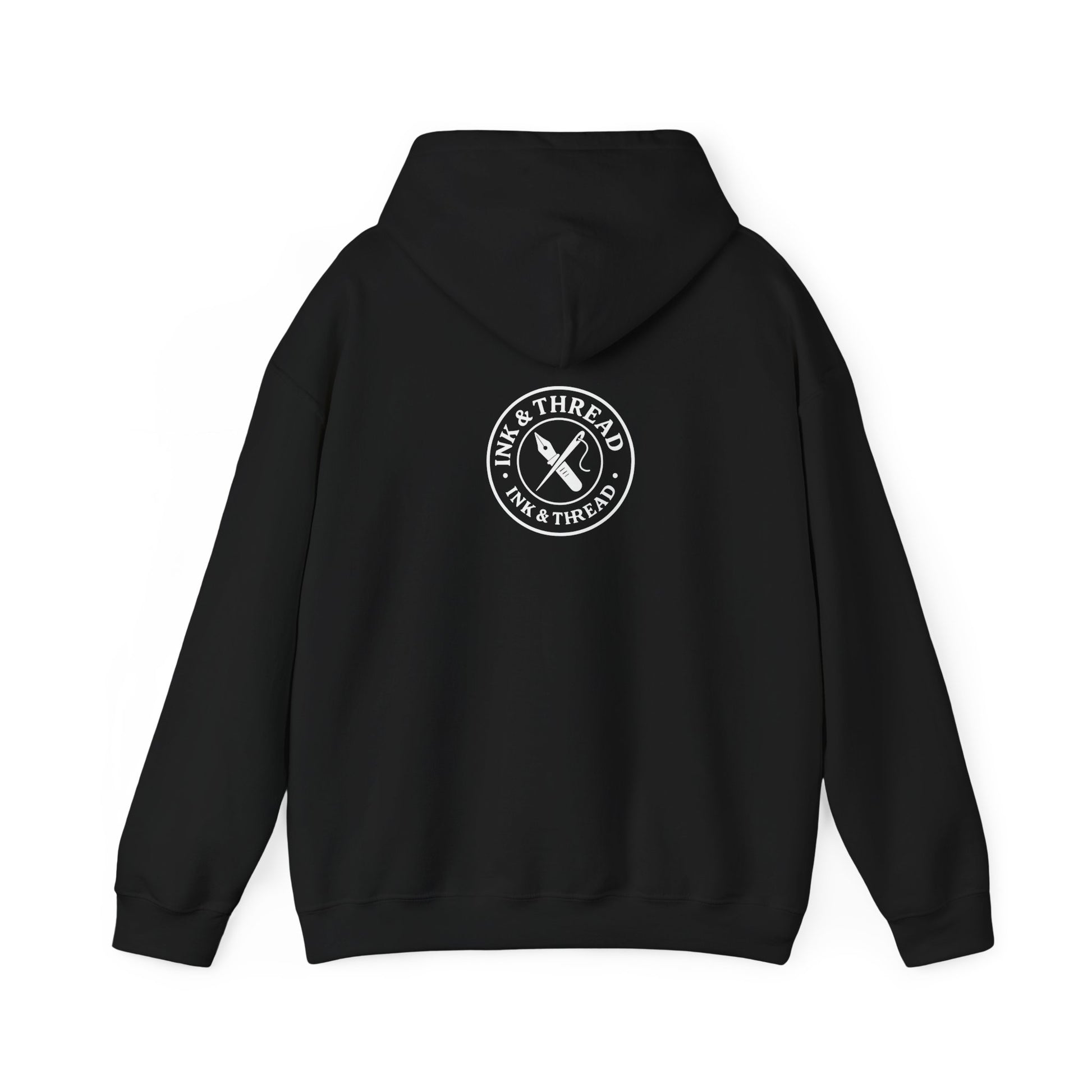 Black hoodie with a logo on the back against a white background