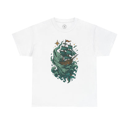 White t-shirt with a ship and wave design on a white background