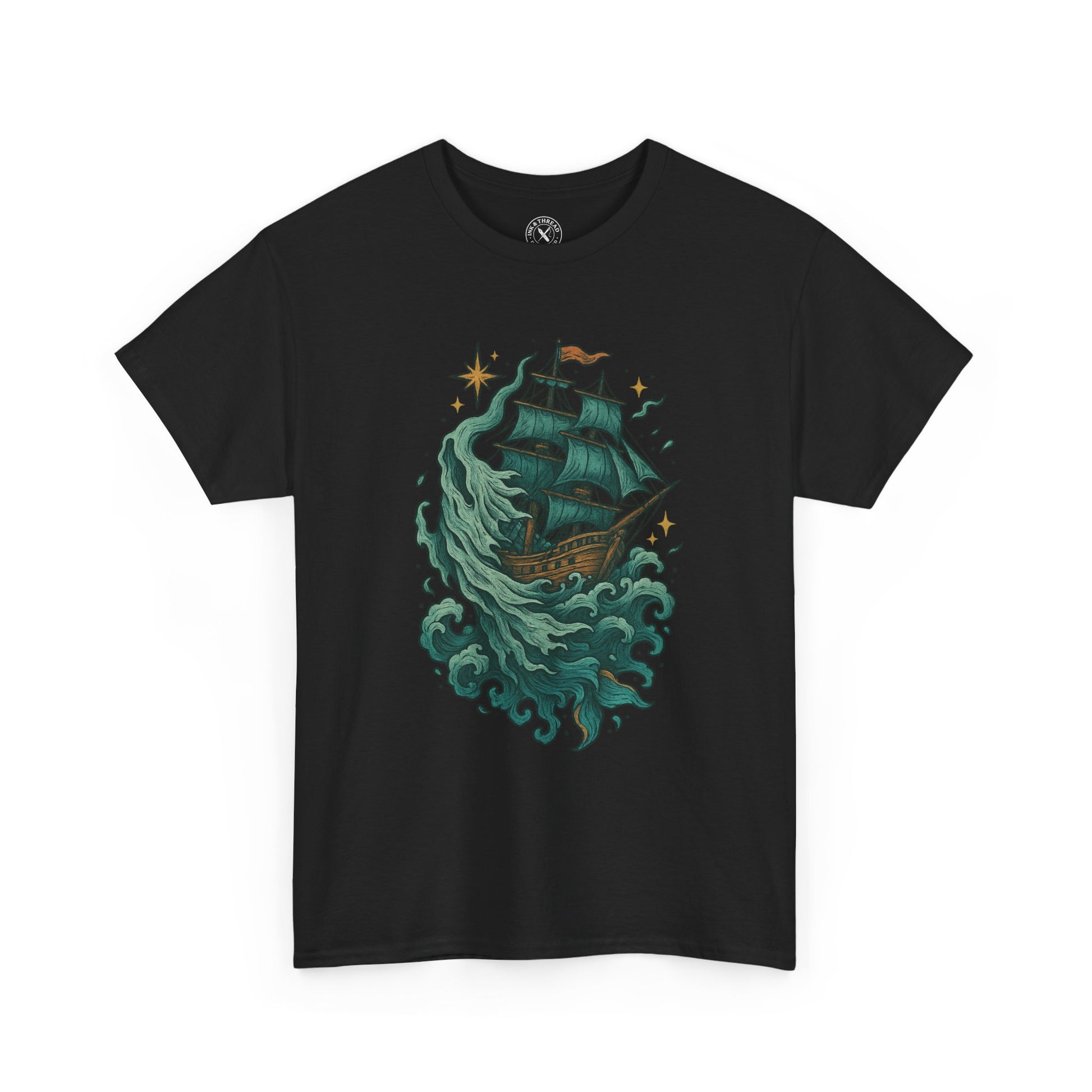 Black t-shirt with a ship and wave design on a white background