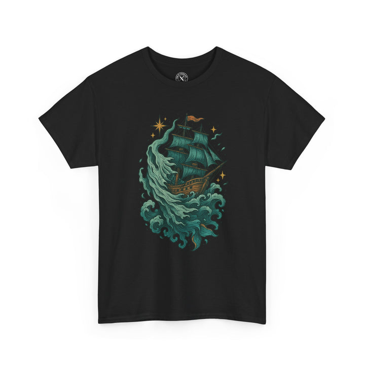 Black t-shirt with a ship and wave design on a white background