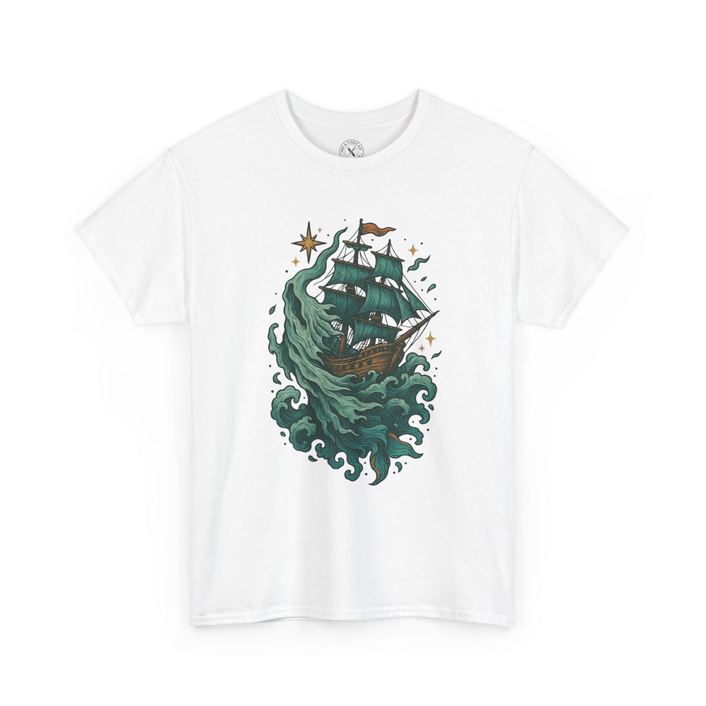 White t-shirt with a green ship and octopus design on a white background
