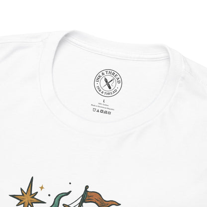 White t-shirt with a brand logo and colorful graphic design on a white background