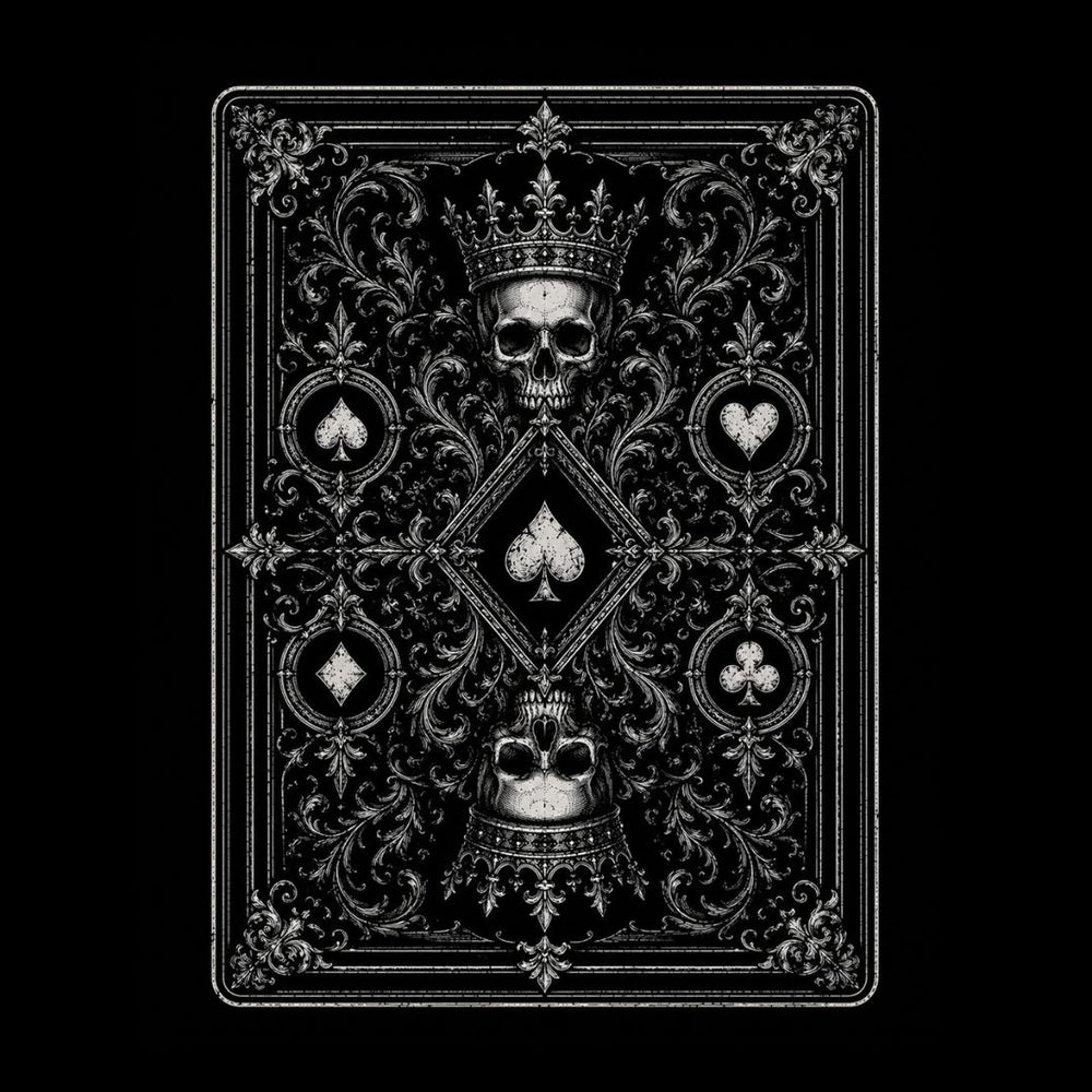 Gothic playing card back design with ornate engraving and skull motif from the Crown and Bone collection