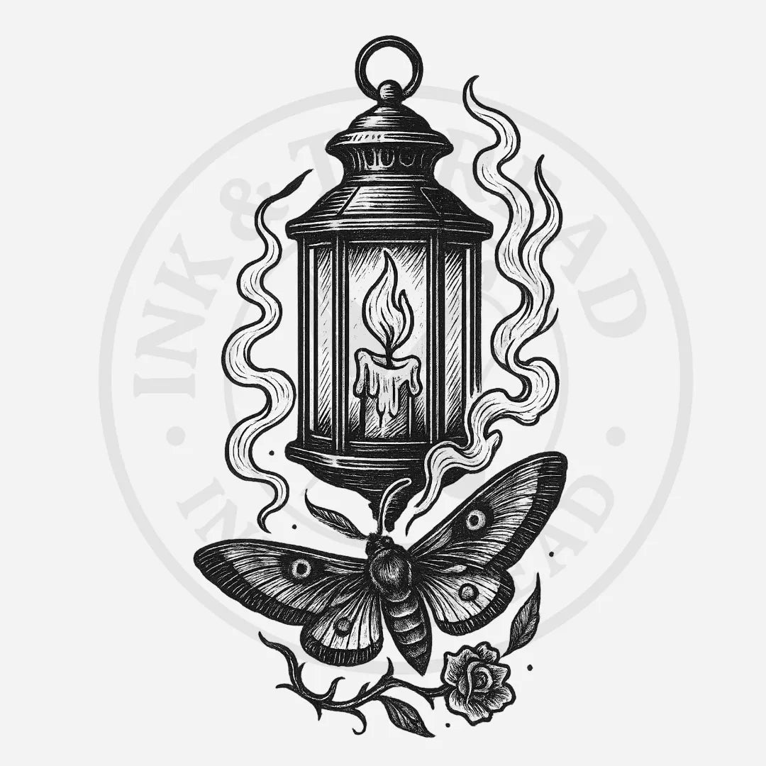 Black and white illustration of a lantern with a candle, moth, and rose on a light gray background.