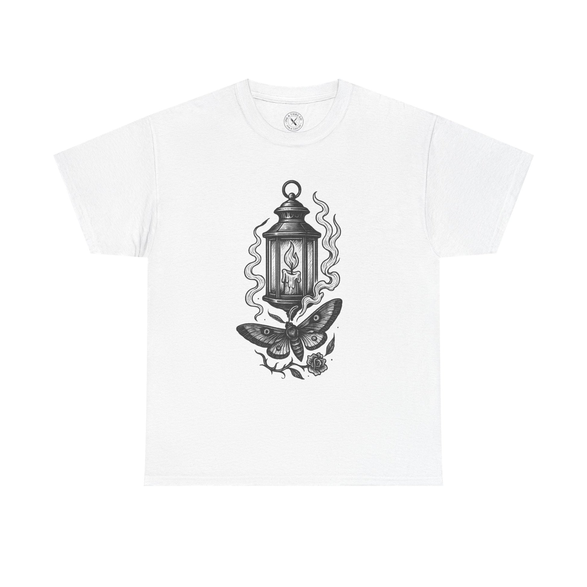 White t-shirt with black lantern and butterfly design on a white background