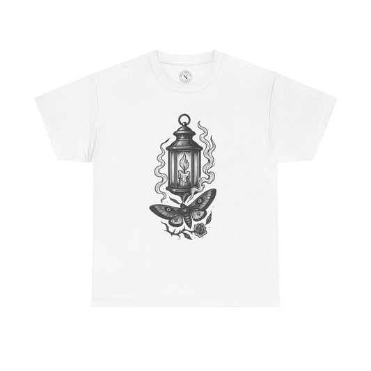 White t-shirt with black lantern and butterfly design on a white background