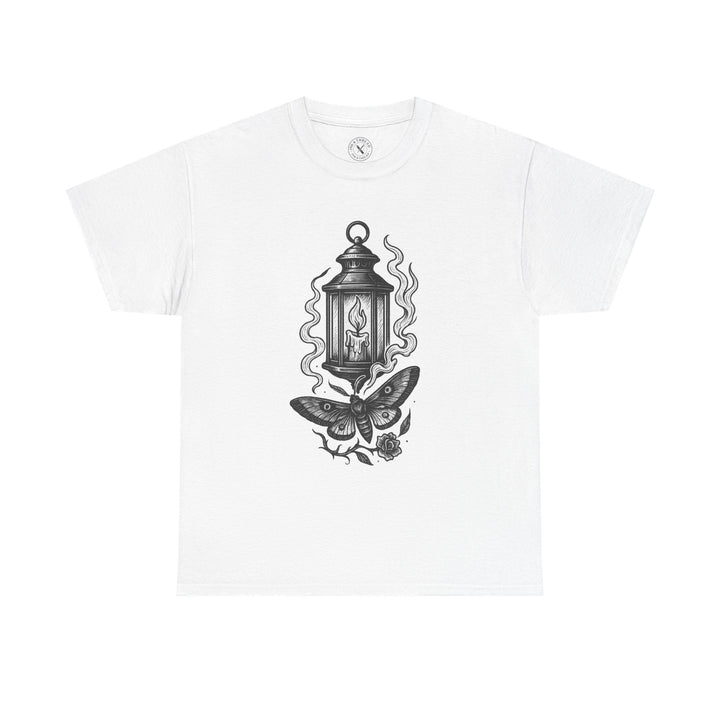 White t-shirt with black lantern and butterfly design on a white background