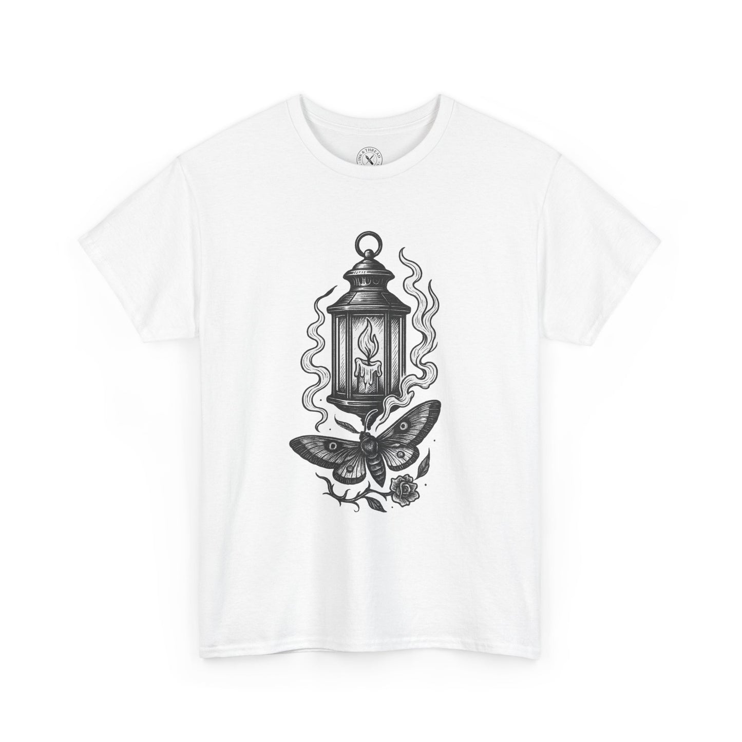 White t-shirt with black lantern and butterfly design on a white background