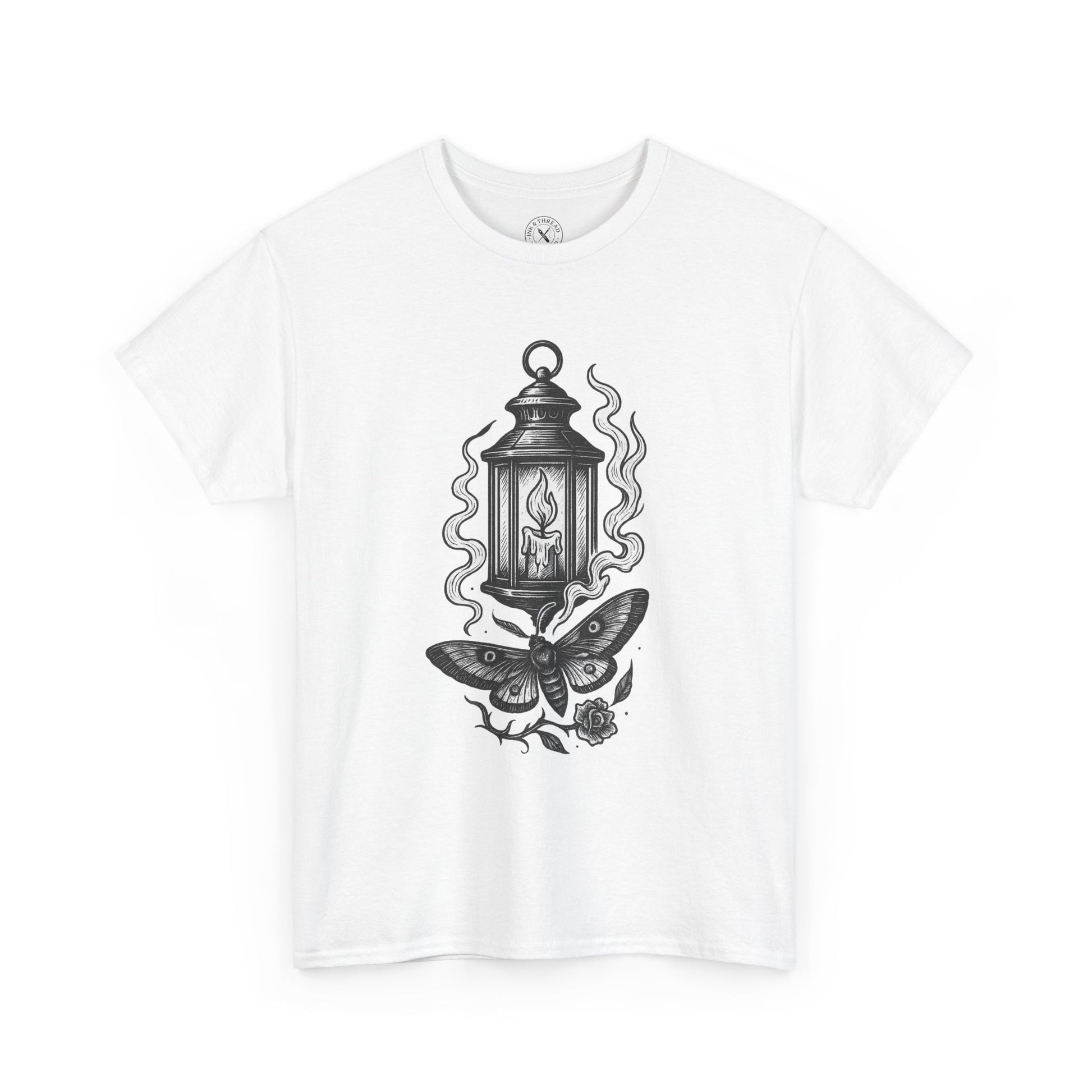 White t-shirt with black lantern and butterfly design on a white background