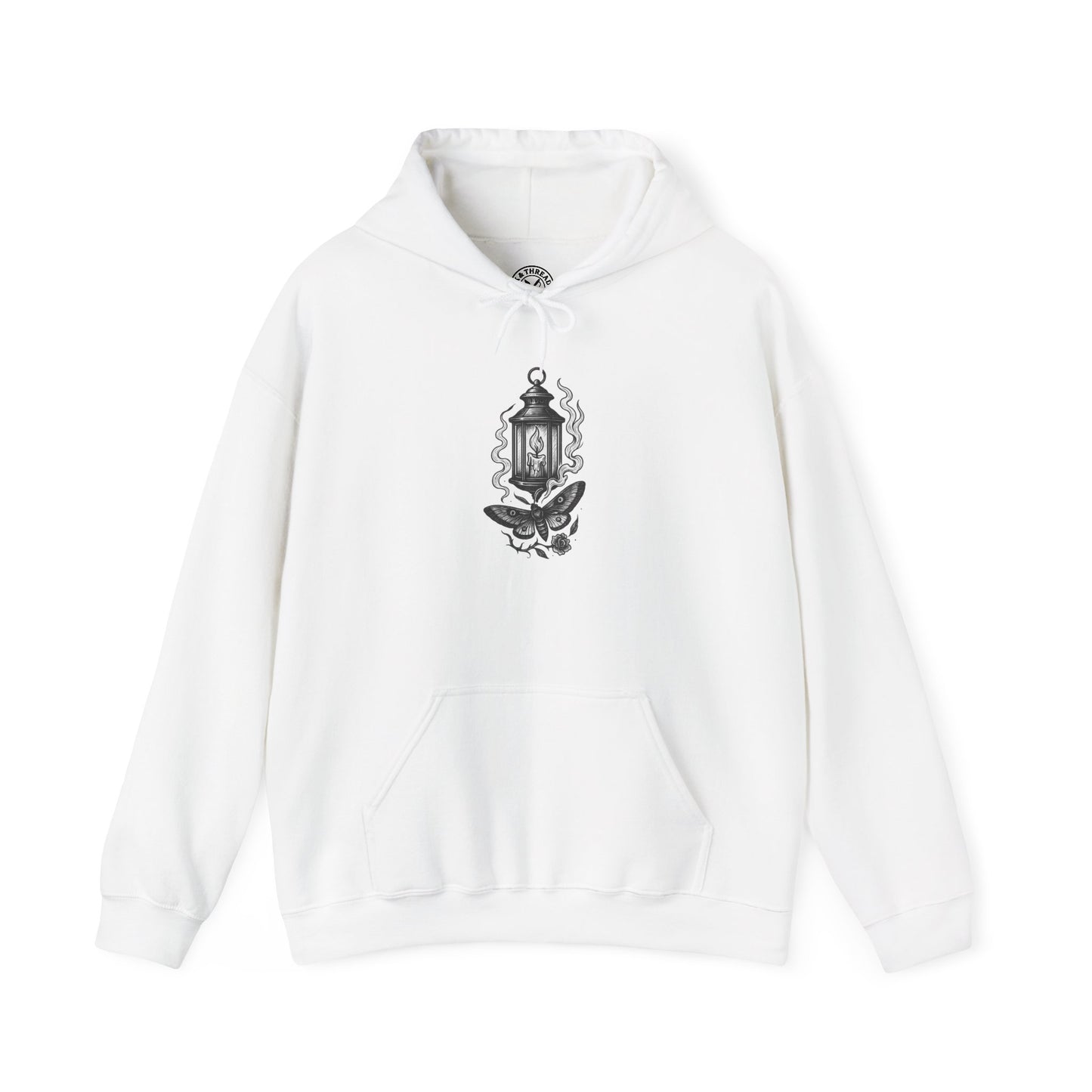 White hoodie with black graphic design on a white background