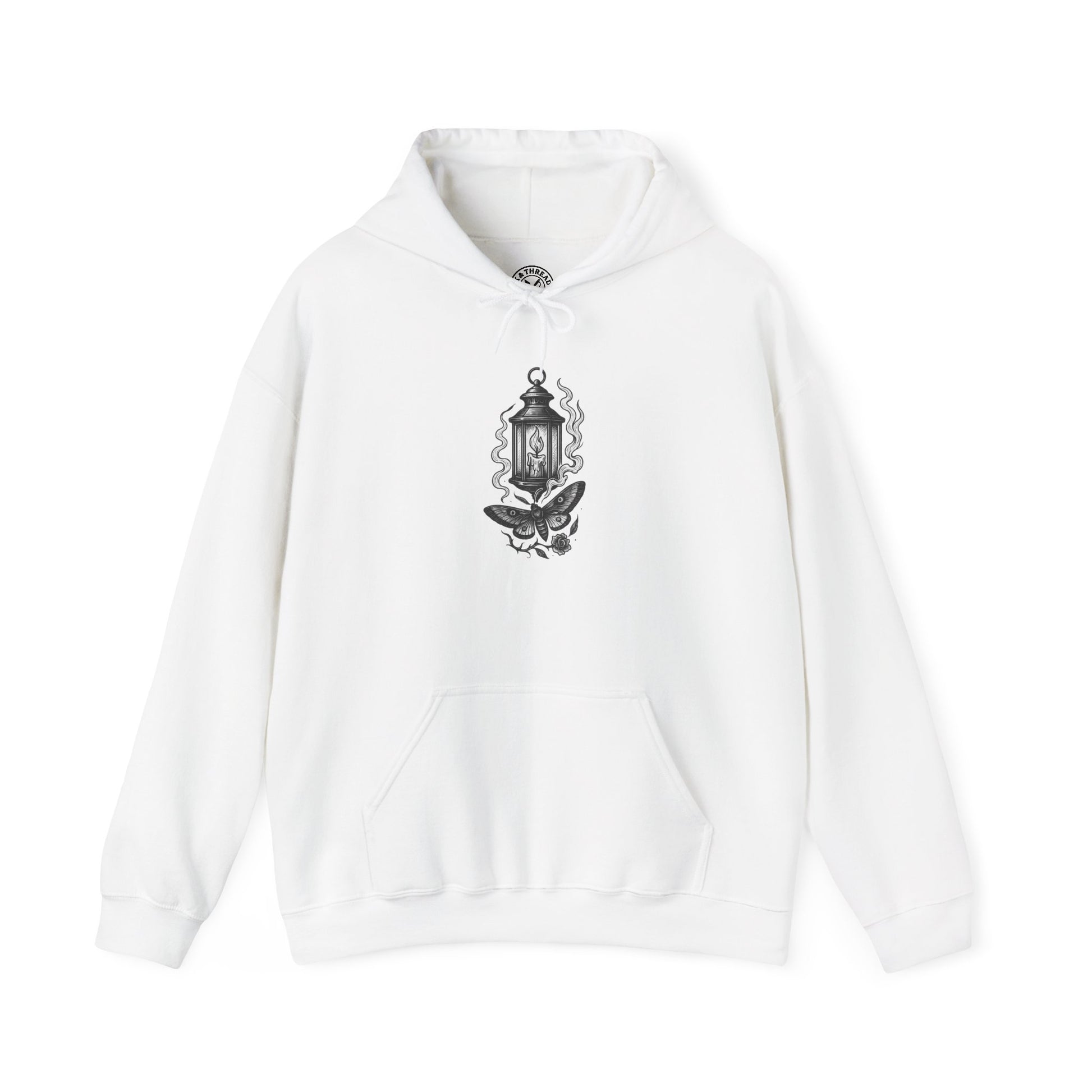 White hoodie with black graphic design on a white background