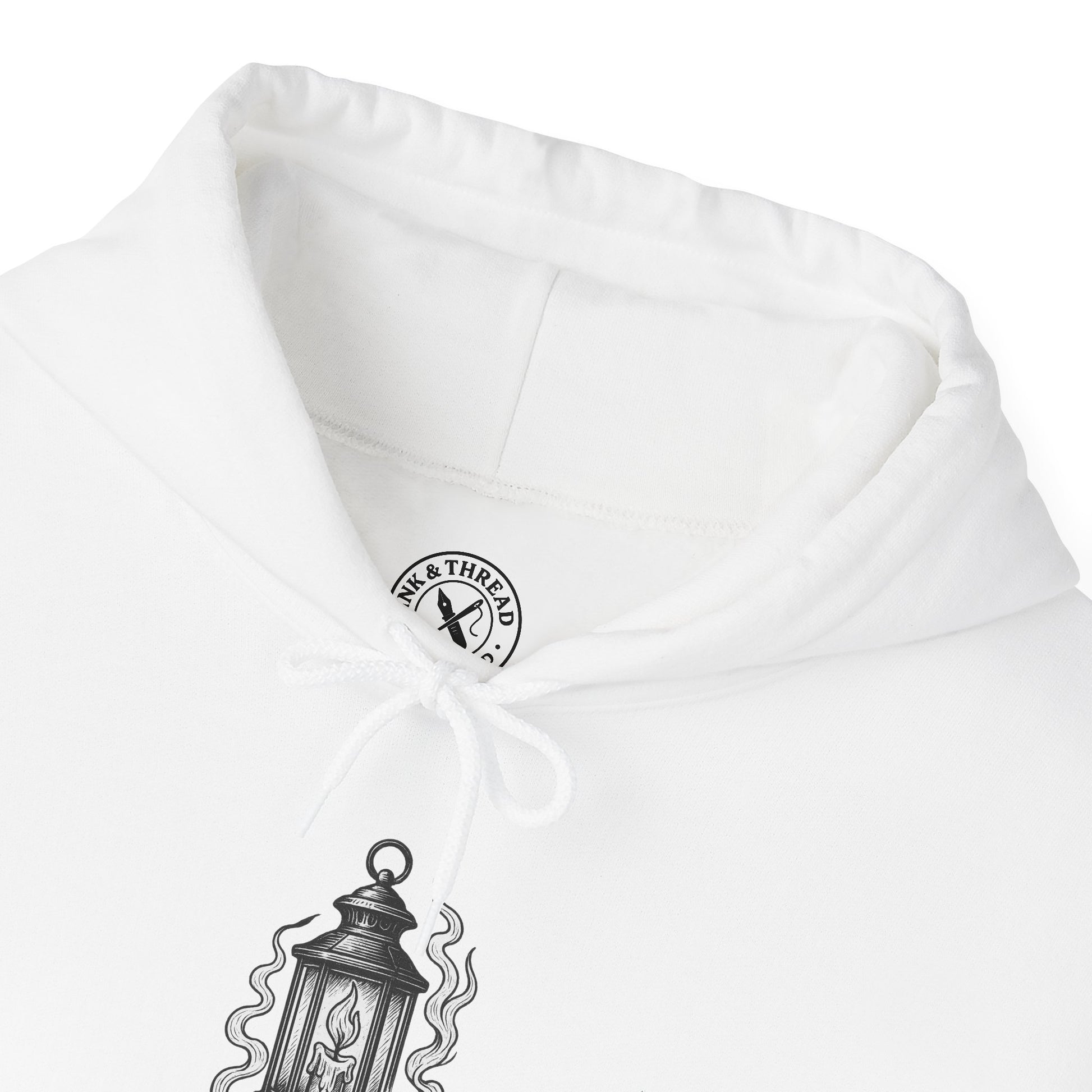 White hoodie with a black logo and design on a white background