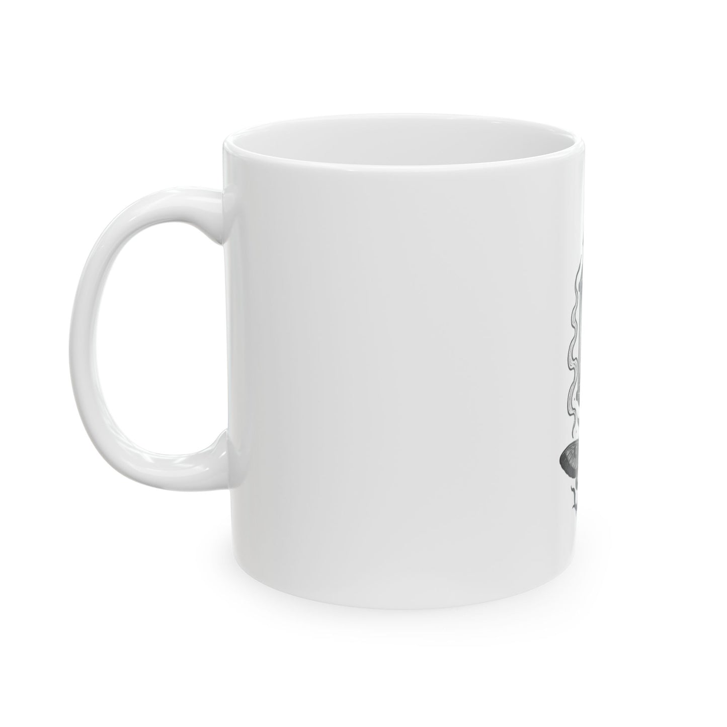 White mug with a black and white design on a white background