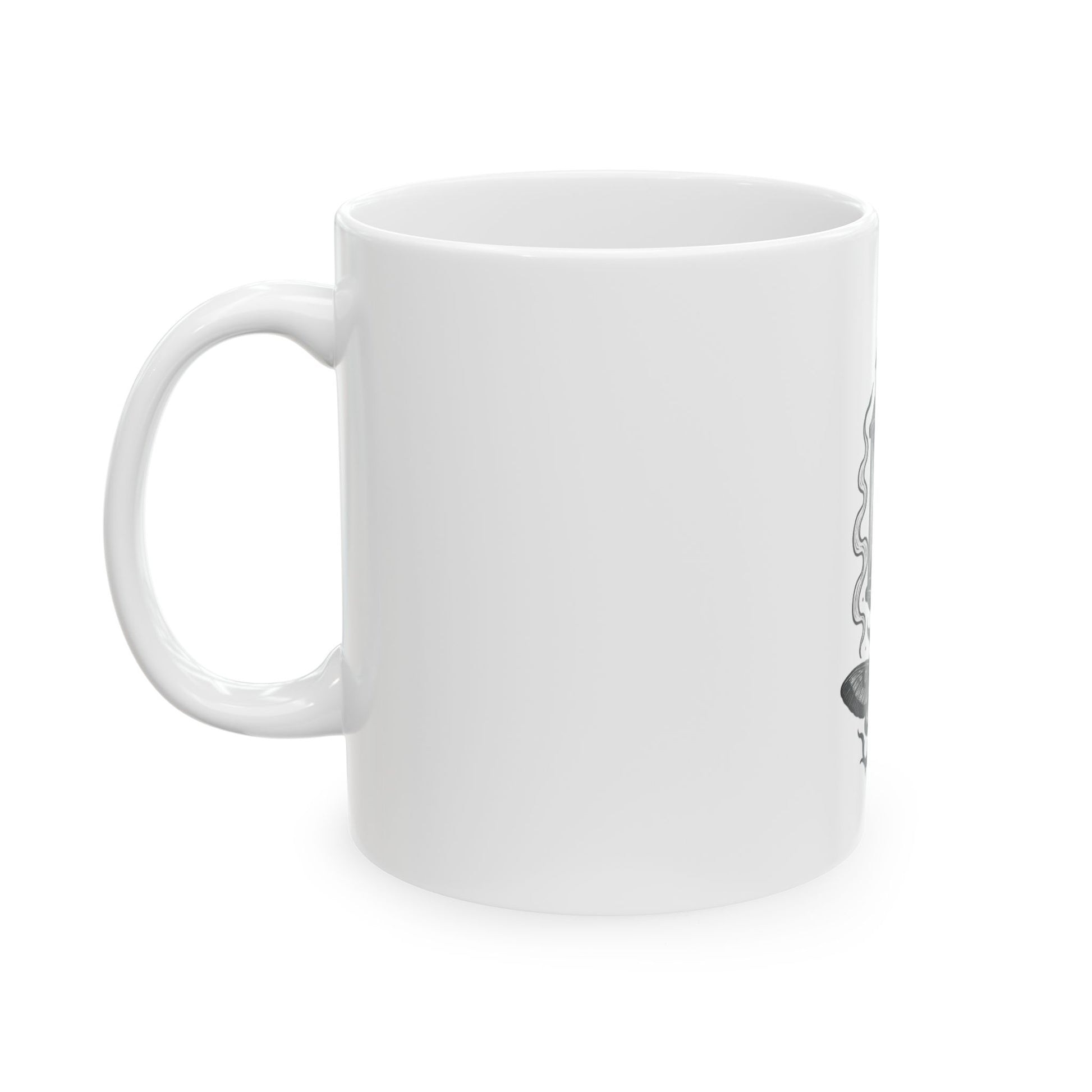 White mug with a black and white design on a white background