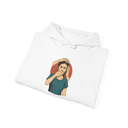 White hoodie with a graphic design of a person with hands over ears on a white background
