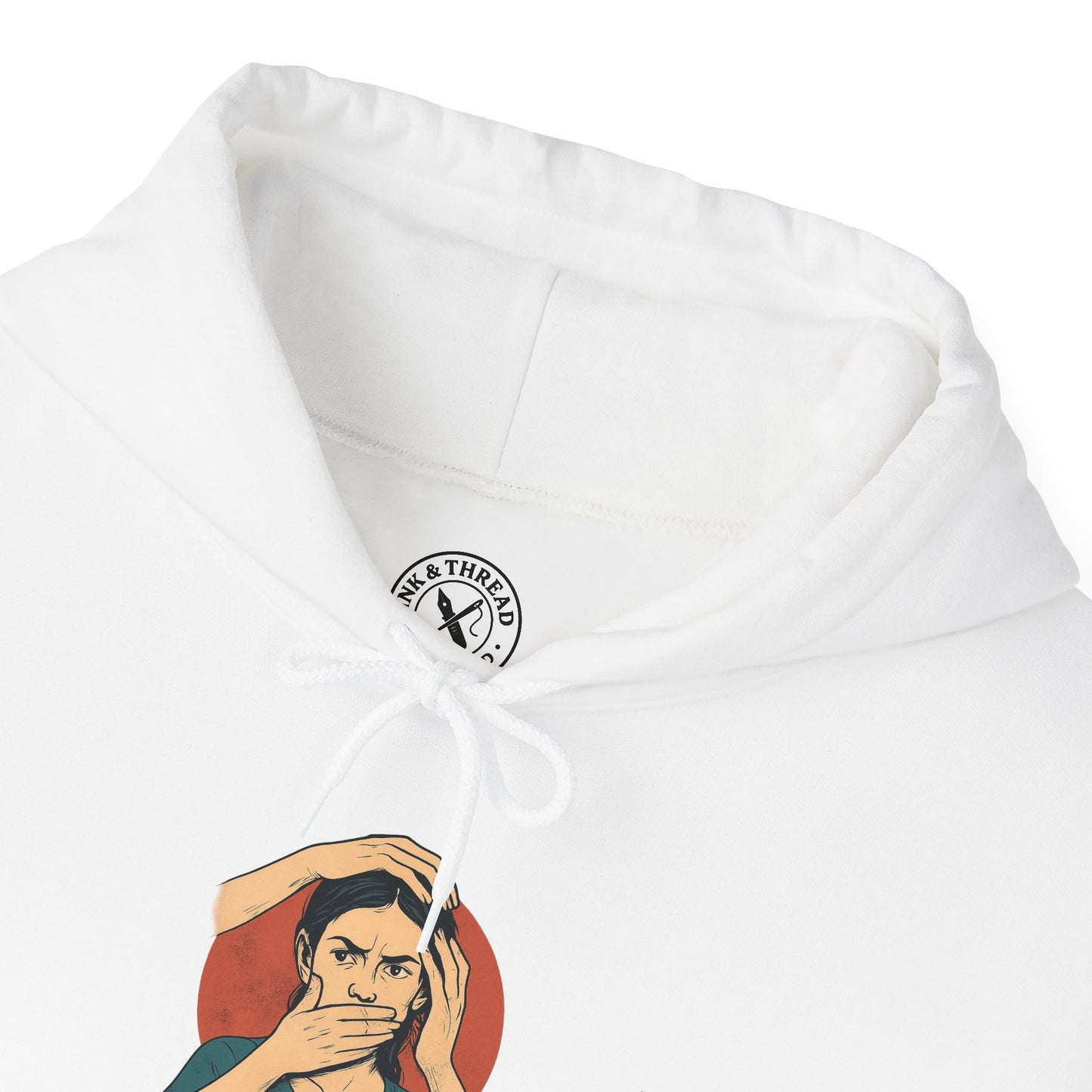 White hoodie with a graphic design and brand logo on a white background