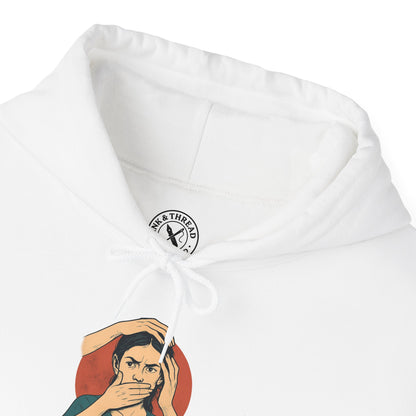 White hoodie with a graphic design and brand logo on a white background