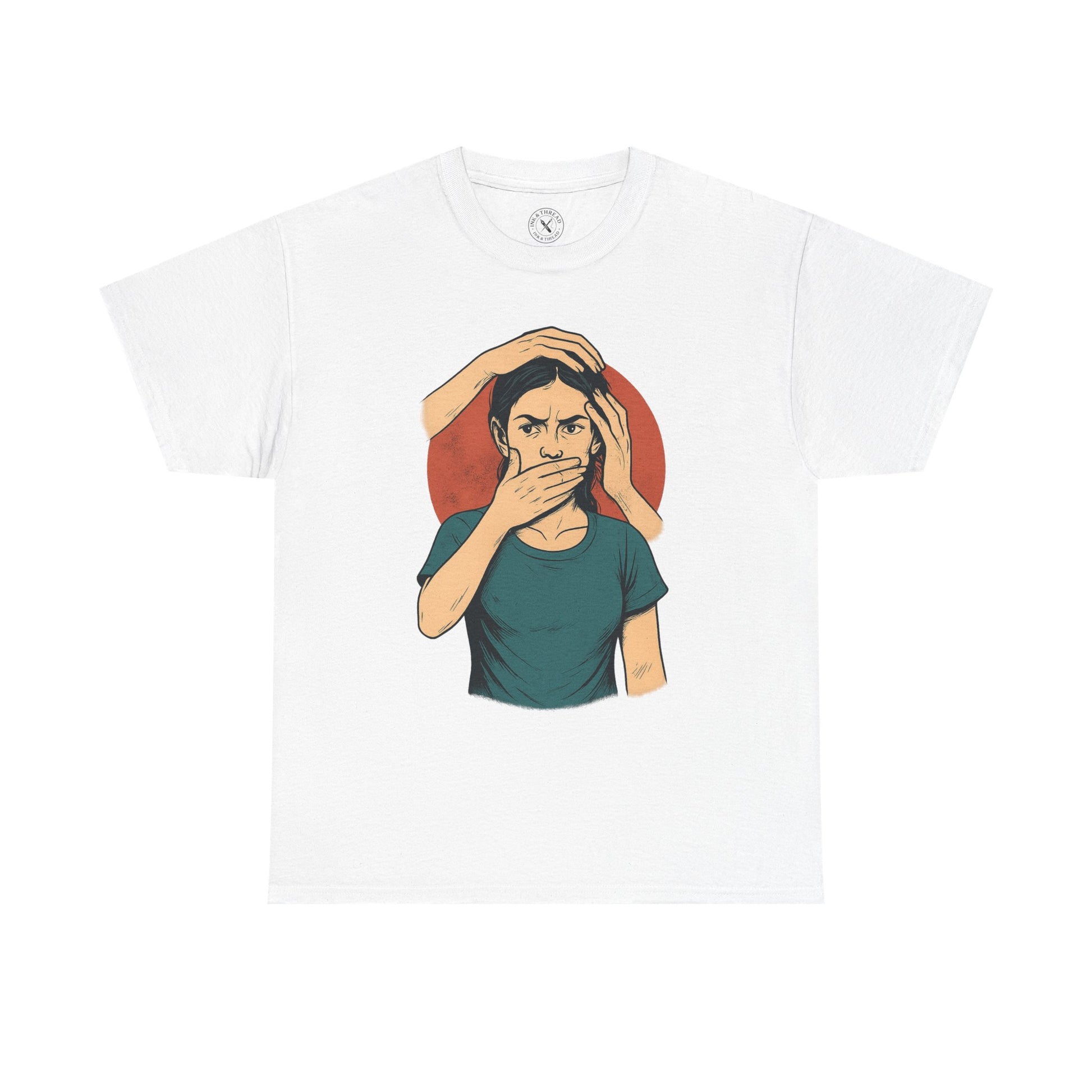 White t-shirt with a graphic of a person with hands on face on a white background