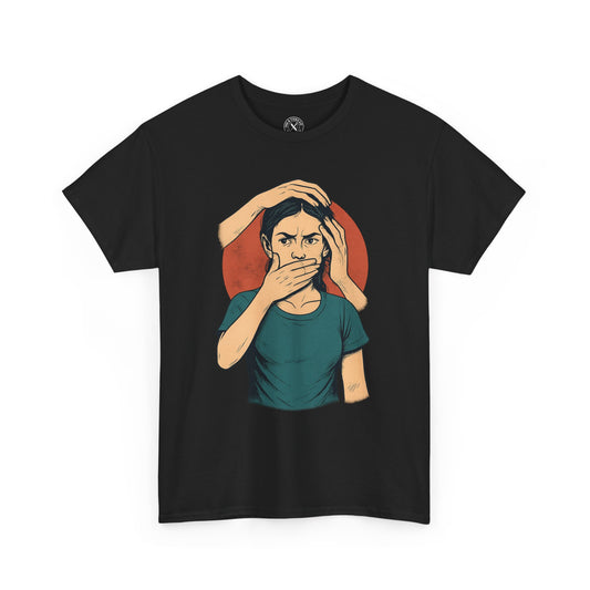 Black t-shirt with a graphic design of a person covering their ears and mouth on a white background