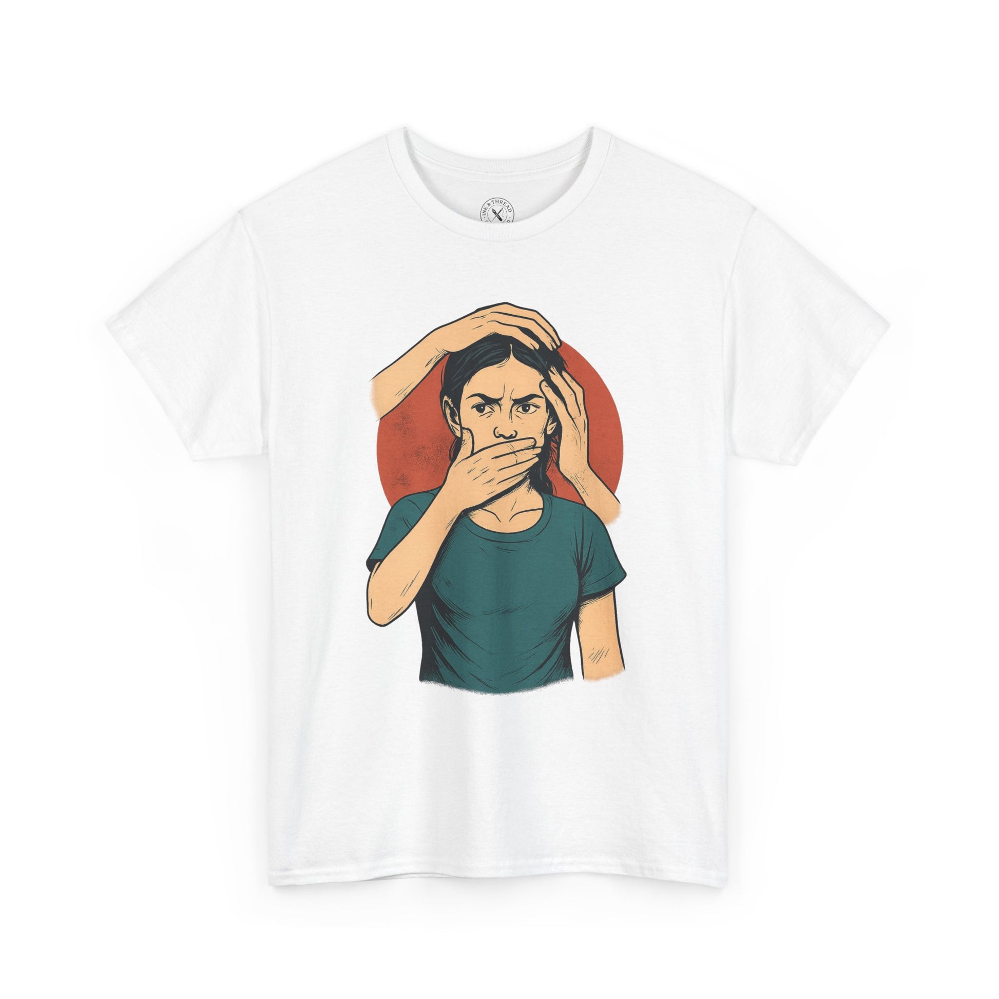 White t-shirt with a graphic design of a person covering their mouth on a white background