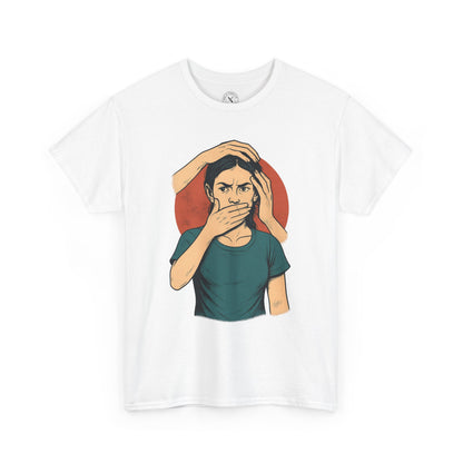 White t-shirt with a graphic design of a person covering their mouth on a white background