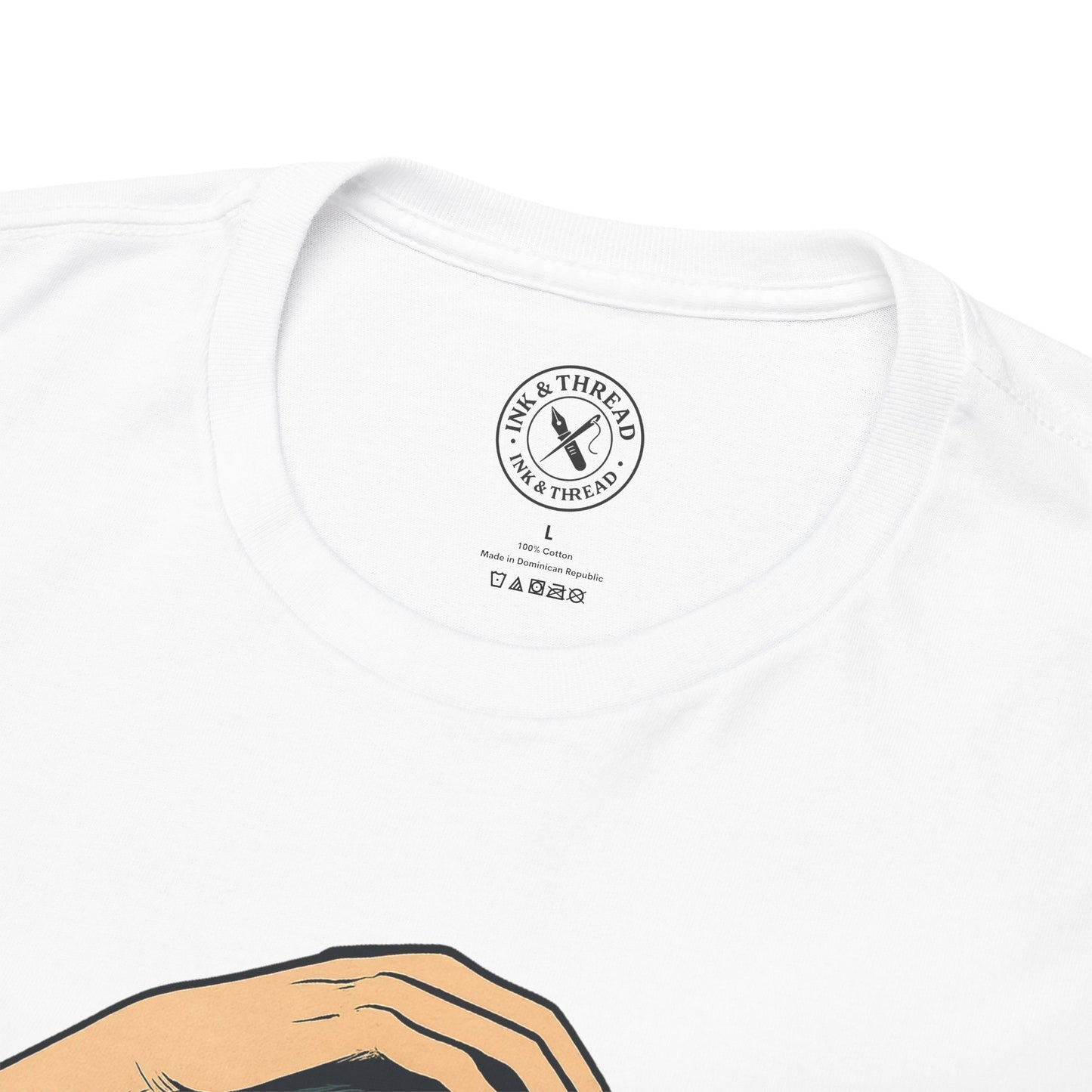 White t-shirt with a hand graphic and 'Ink & Thread' logo on a white background