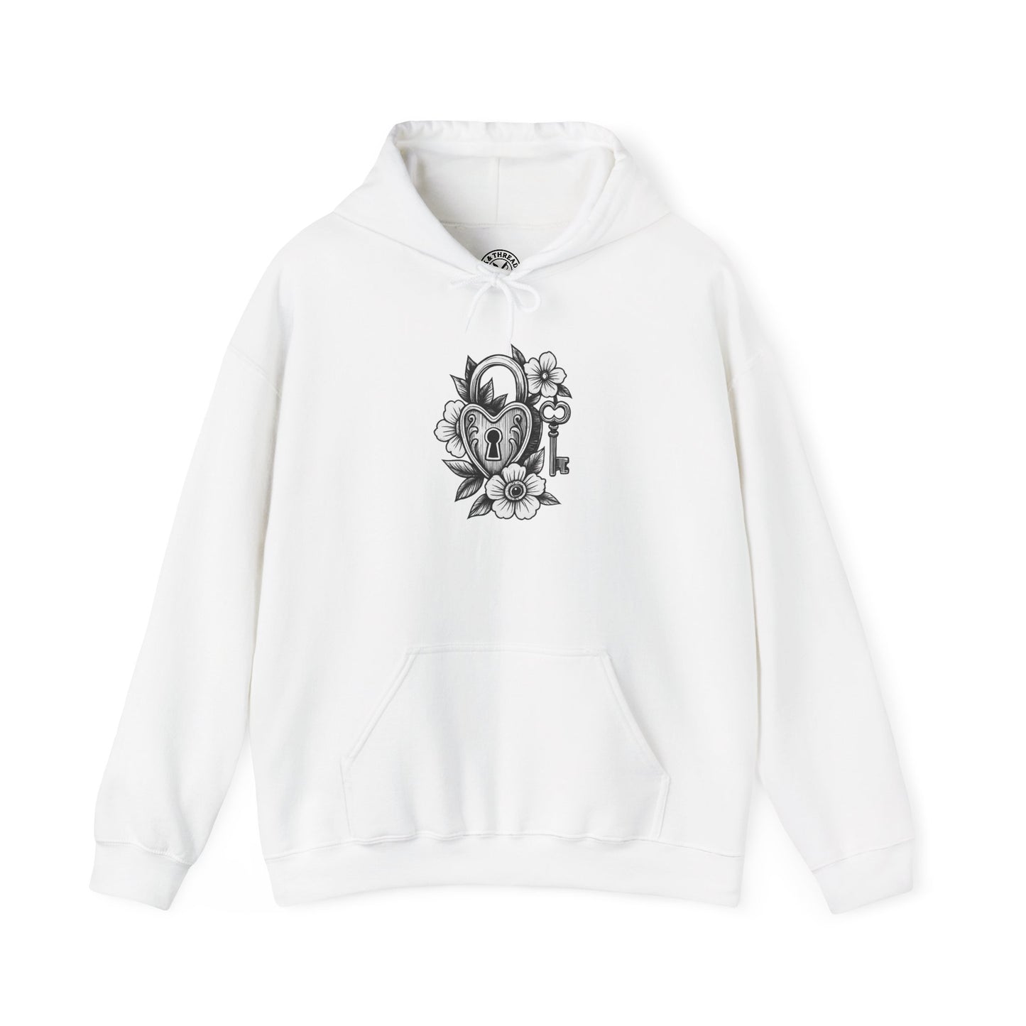 White hoodie with a black graphic design on a white background