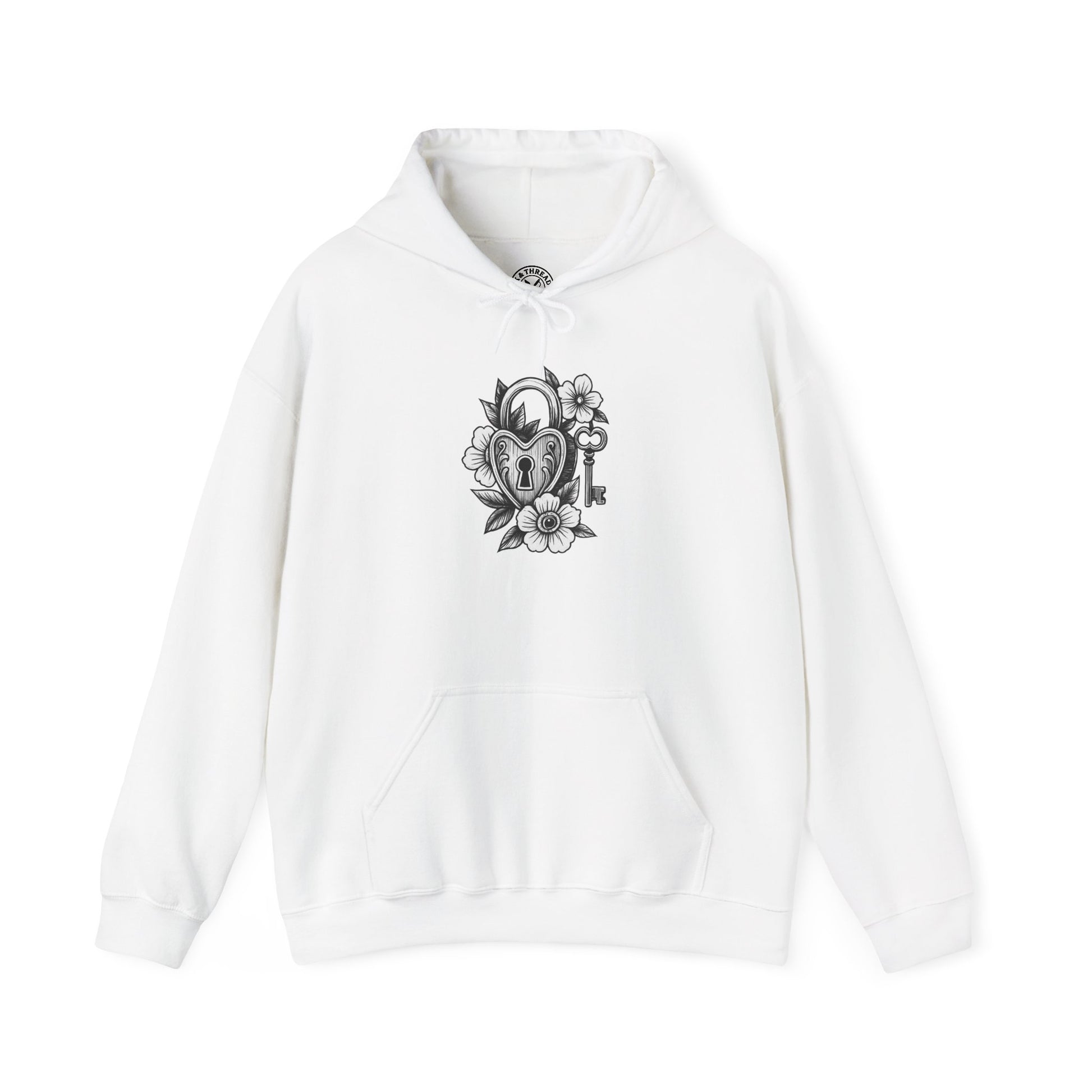 White hoodie with a black graphic design on a white background