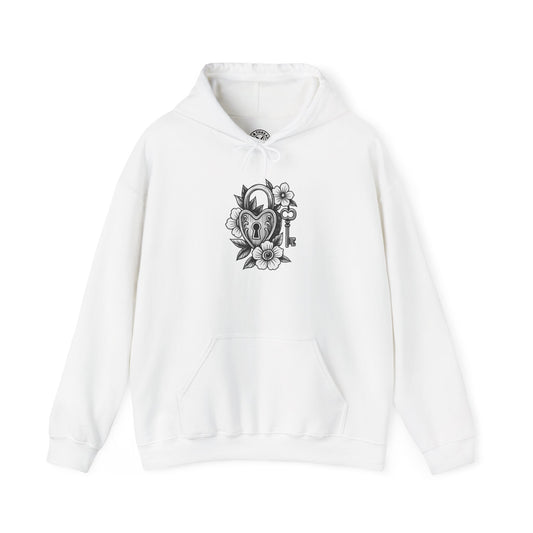 White hoodie with a black graphic design on a white background