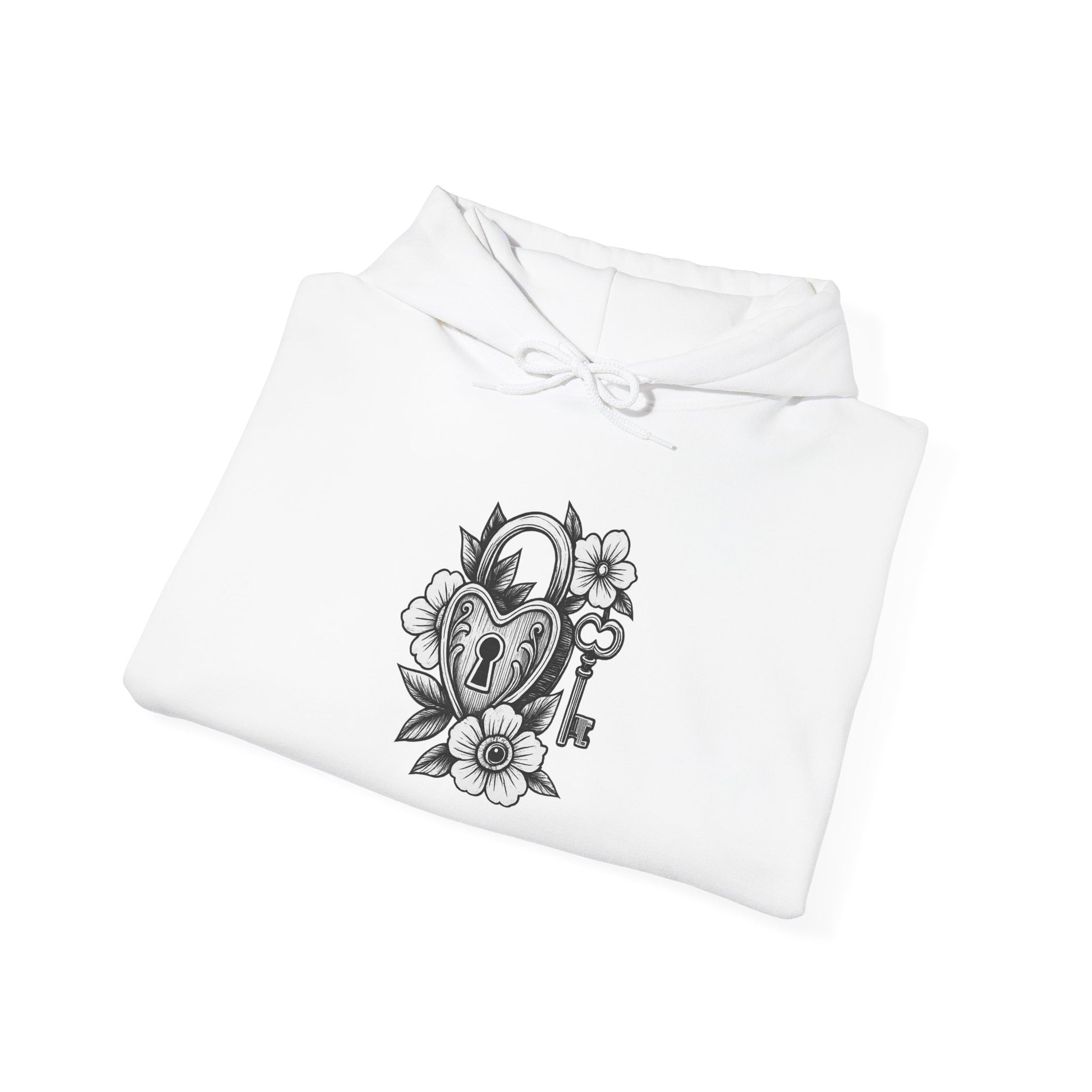 White shirt with black heart and key design on a white background