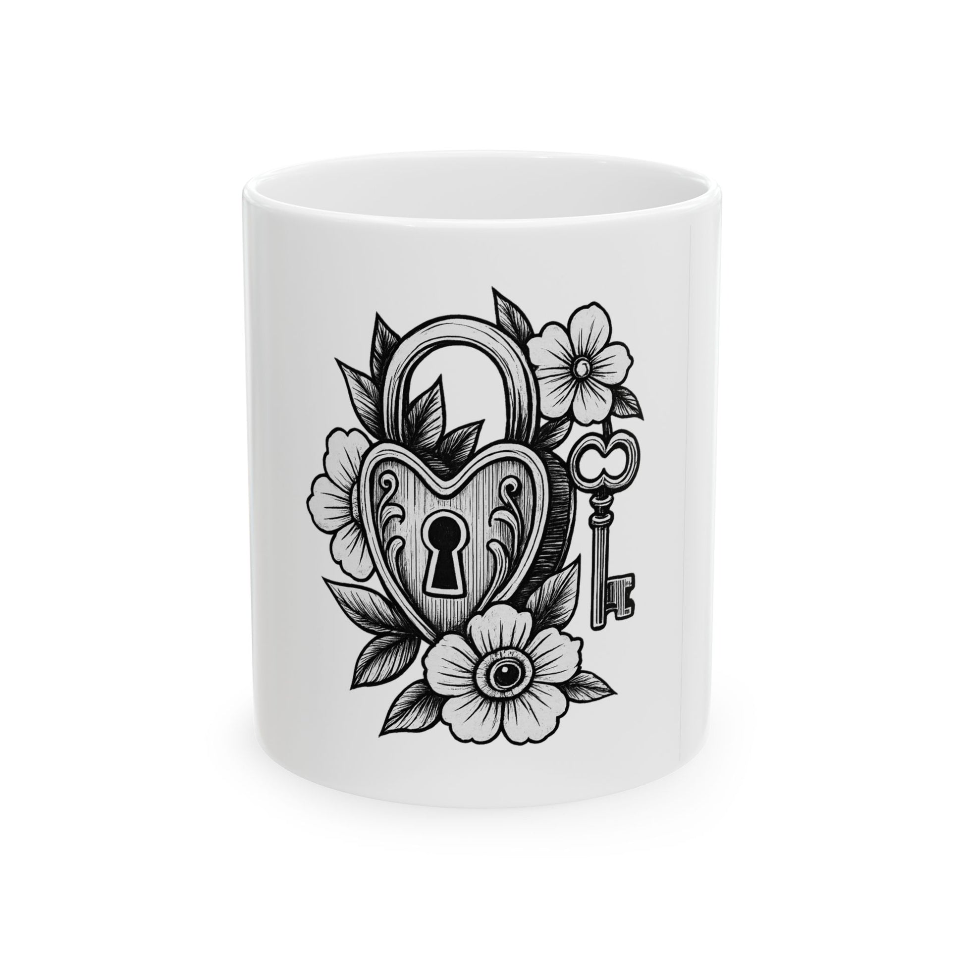 White mug with black heart-shaped lock and key design on a white background