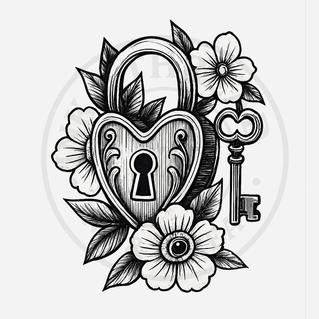 Black and white illustration of a heart-shaped lock with flowers and a key.