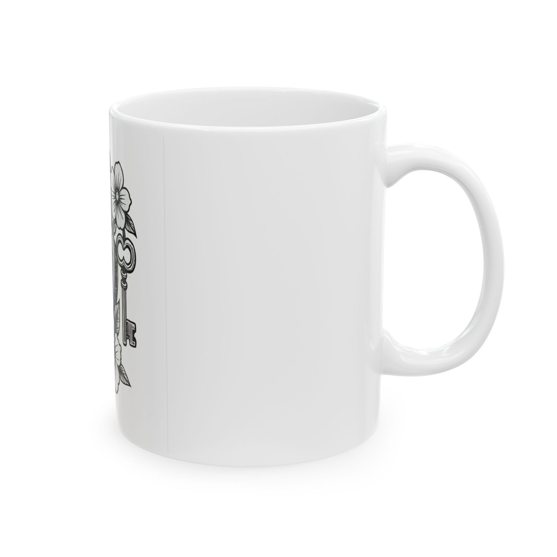 White mug with black text and design on a white background