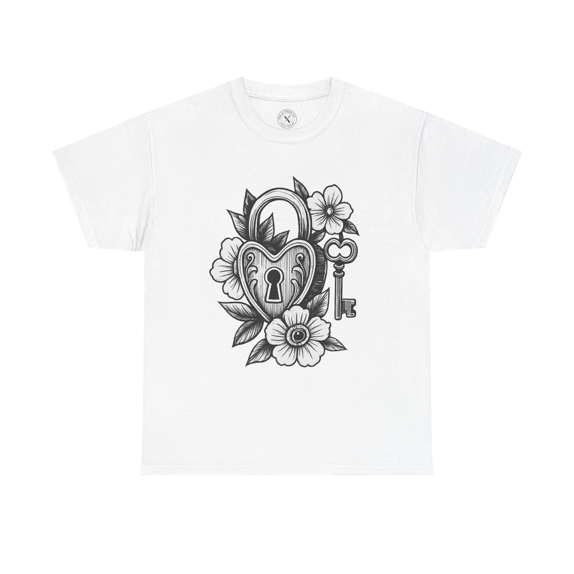 White t-shirt with black heart-shaped lock and key design on a white background