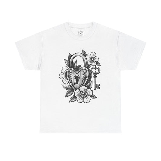 White t-shirt with black heart-shaped lock and key design on a white background