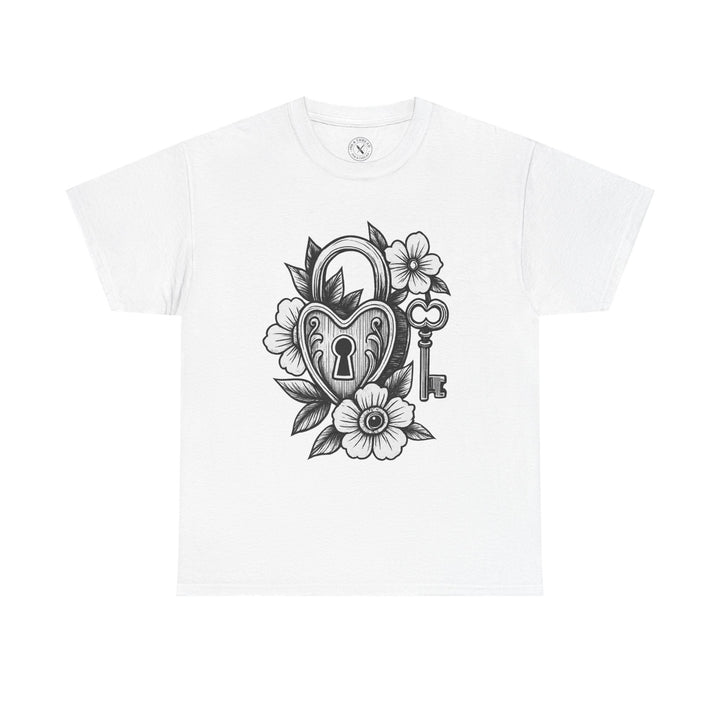 White t-shirt with black heart-shaped lock and key design on a white background