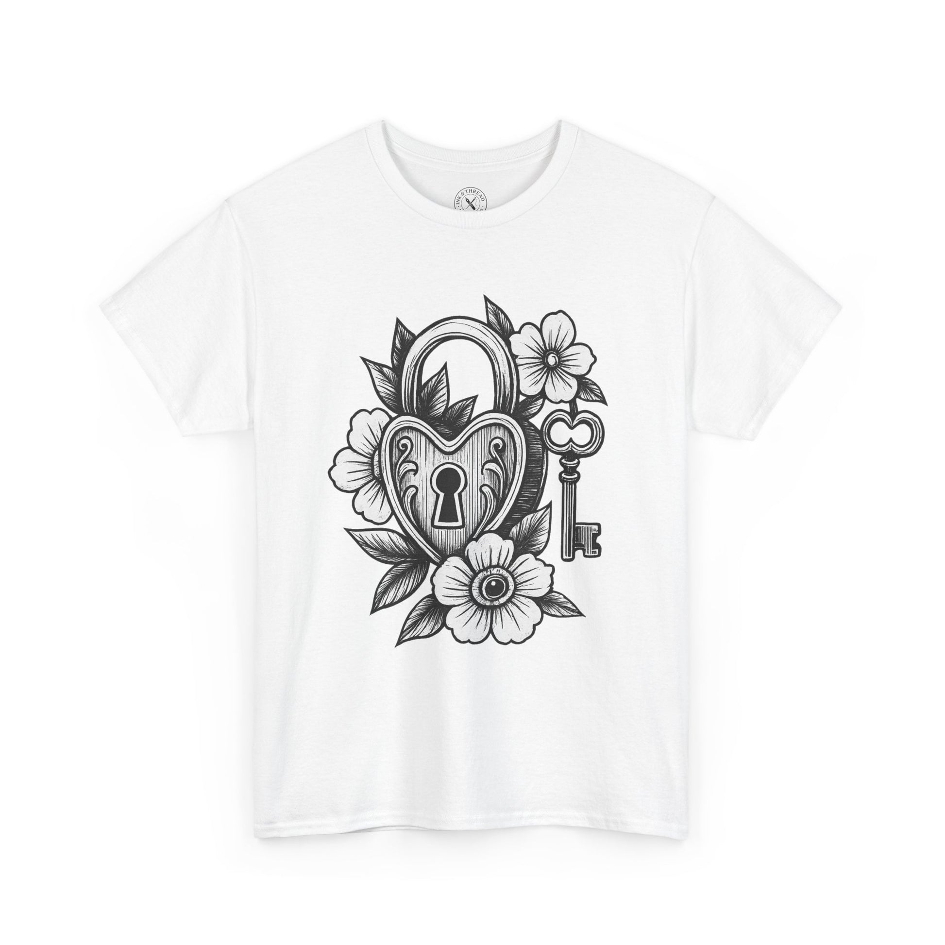 White t-shirt with black heart-shaped lock and key design on a white background
