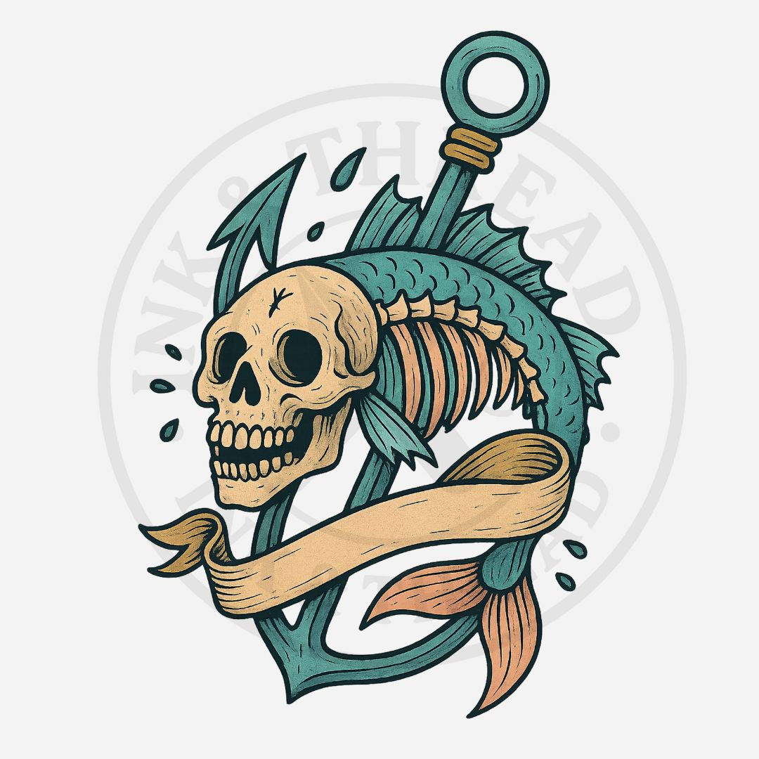 Illustration of a fish skeleton with a skull head, anchor, and ribbon on a white background.