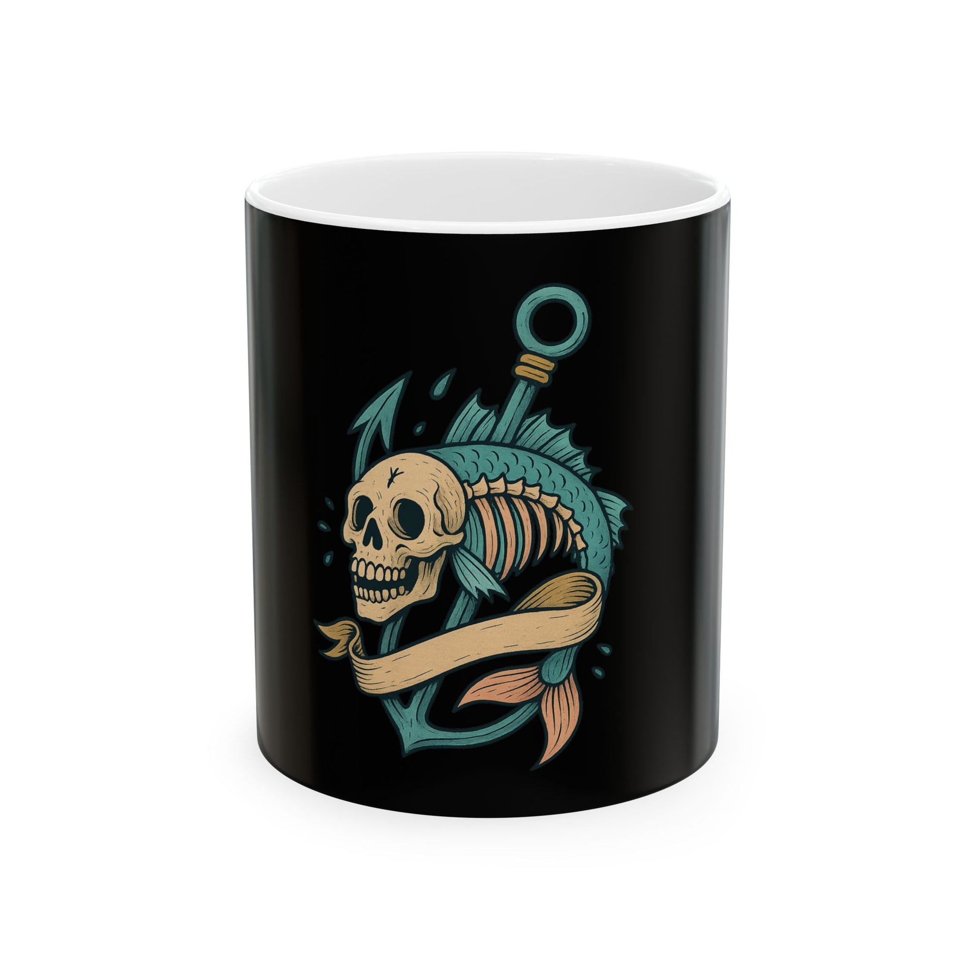 Black mug with a skull and fish design on a white background