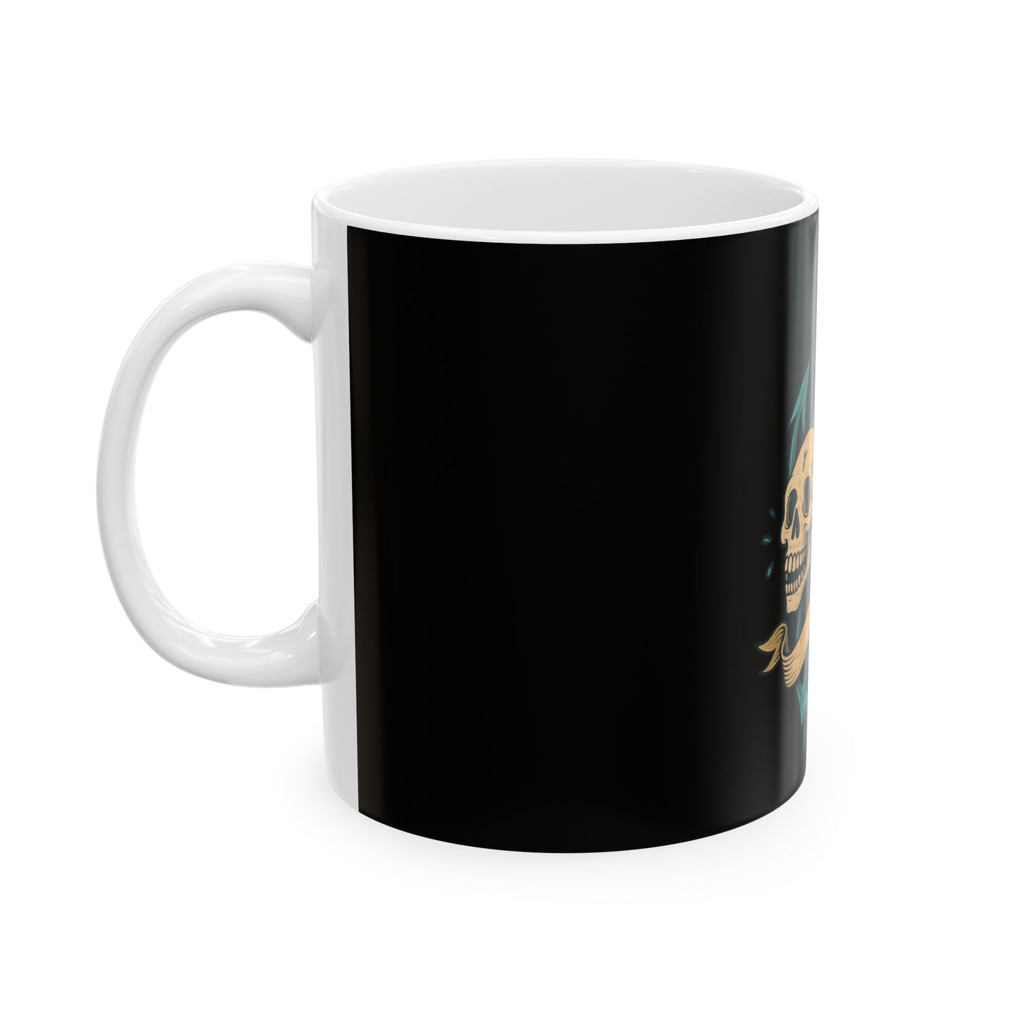 Black mug with a gold skull design on a white background