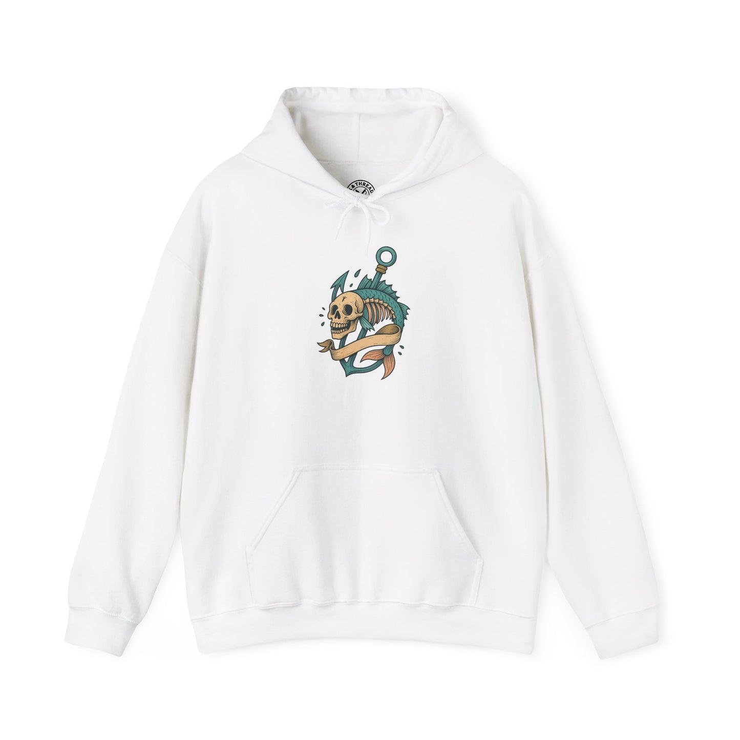 White hoodie with a graphic design on a white background