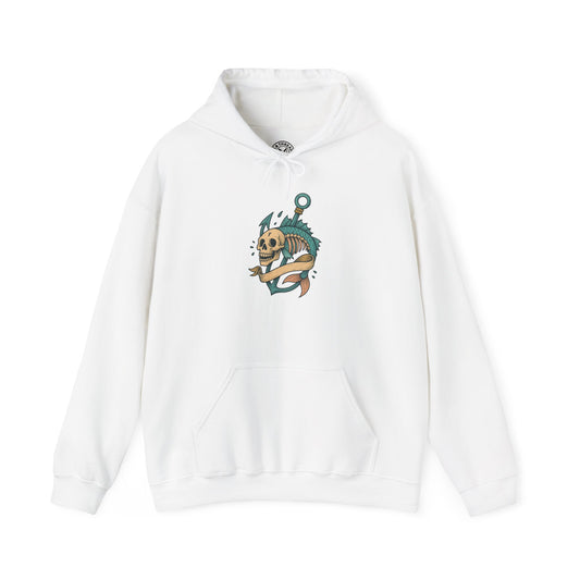 White hoodie with a graphic design on a white background