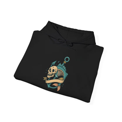 Black hoodie with a skull and fish design on a white background