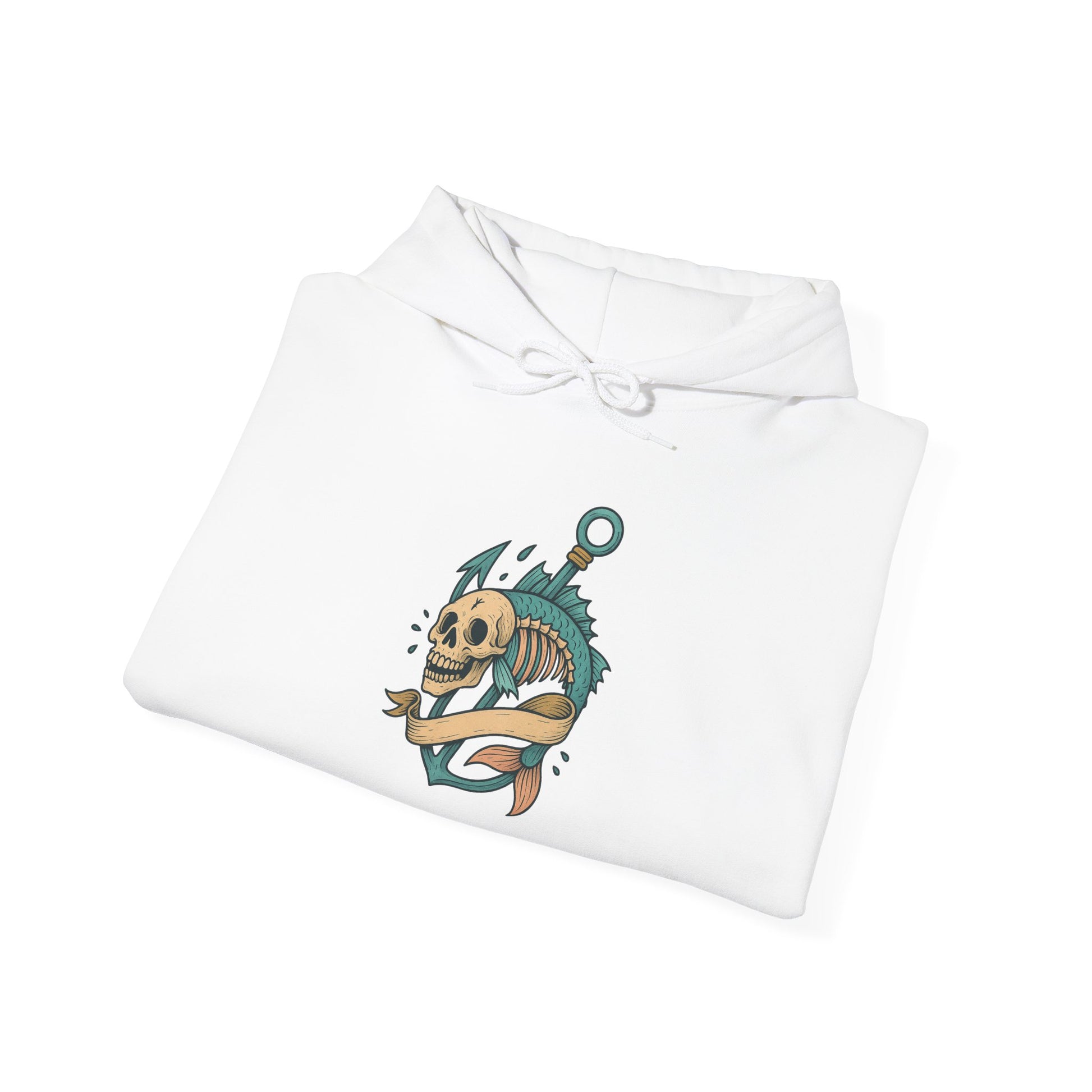 White hoodie with a fish skeleton design on a white background